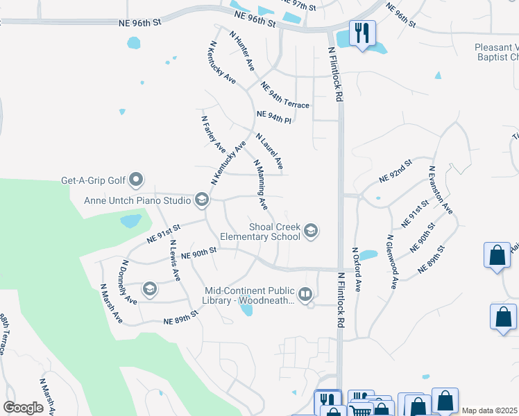 map of restaurants, bars, coffee shops, grocery stores, and more near 9100 North Manning Avenue in Kansas City