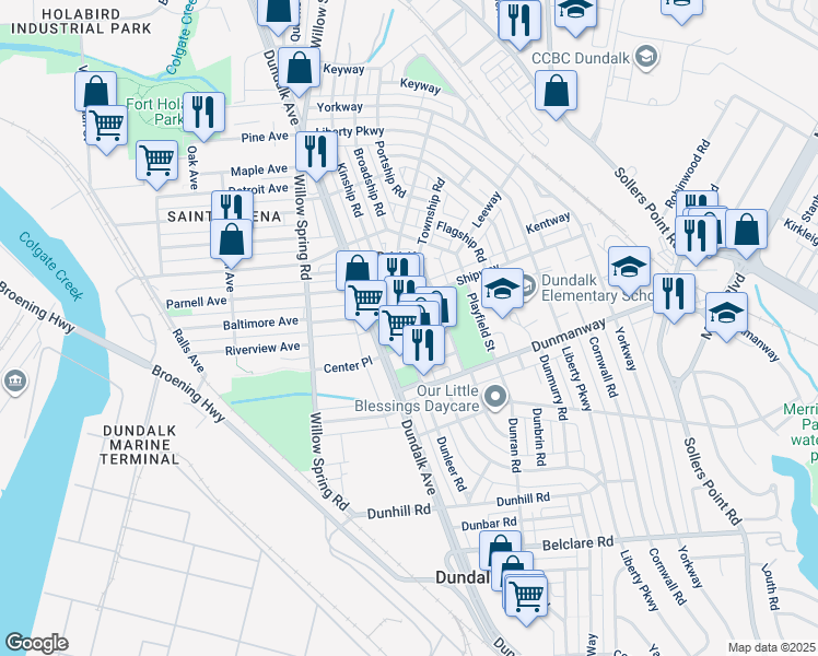 map of restaurants, bars, coffee shops, grocery stores, and more near 19 Shipping Place in Dundalk