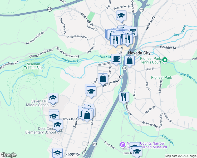 map of restaurants, bars, coffee shops, grocery stores, and more near 441 Zion Street in Nevada City
