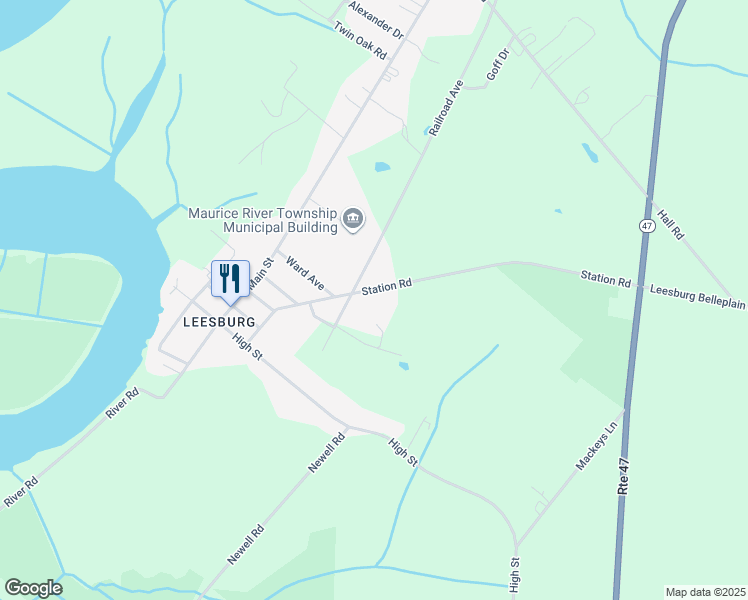 map of restaurants, bars, coffee shops, grocery stores, and more near 34 Station Road in Maurice River