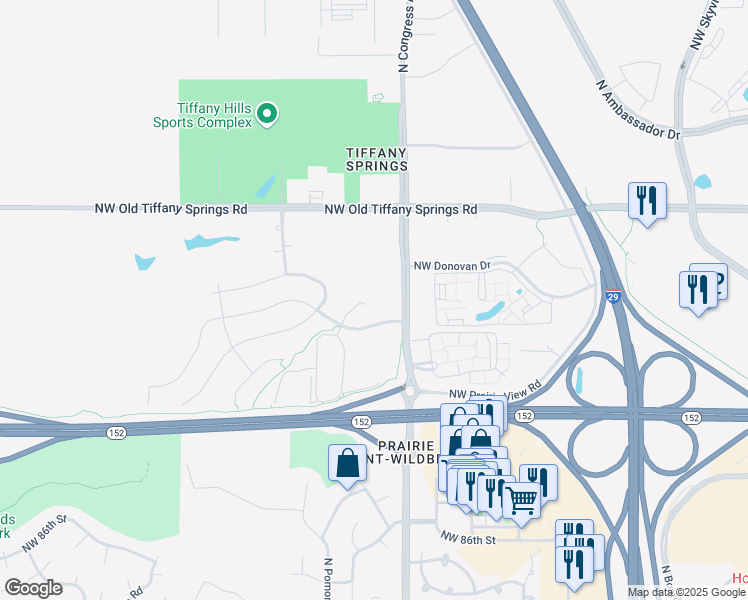 map of restaurants, bars, coffee shops, grocery stores, and more near 9000 North Congress Avenue in Kansas City