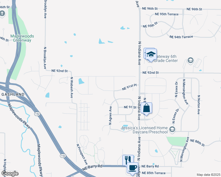 map of restaurants, bars, coffee shops, grocery stores, and more near 3001 Northeast 91st Place in Kansas City