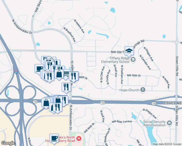 map of restaurants, bars, coffee shops, grocery stores, and more near 8871-8877 North Helena Avenue in Kansas City