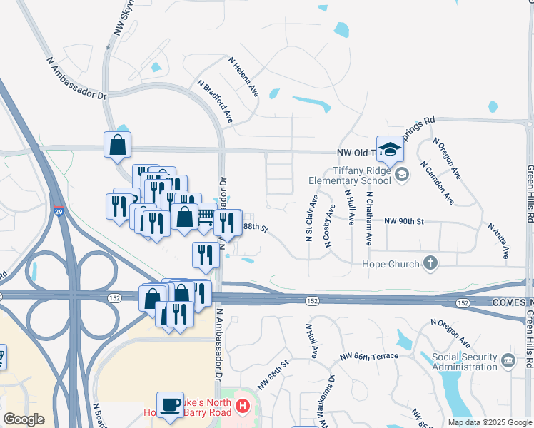 map of restaurants, bars, coffee shops, grocery stores, and more near 8900-8906 North Helena Avenue in Kansas City