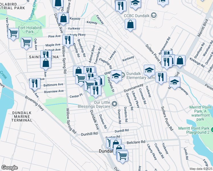 map of restaurants, bars, coffee shops, grocery stores, and more near 2700 Playfield Street in Dundalk