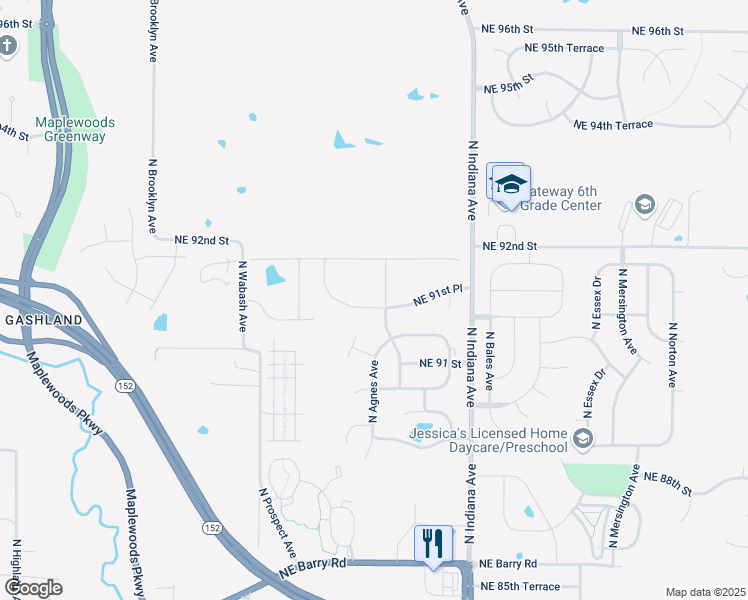map of restaurants, bars, coffee shops, grocery stores, and more near 3001 Northeast 91st Place in Kansas City