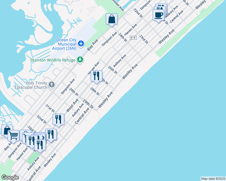 map of restaurants, bars, coffee shops, grocery stores, and more near 2703 Wesley Avenue in Ocean City