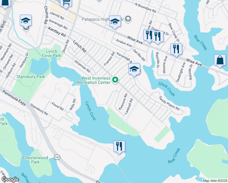 map of restaurants, bars, coffee shops, grocery stores, and more near 2031 Inverton Road in Dundalk