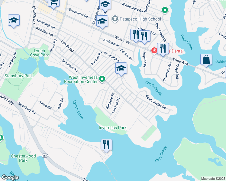 map of restaurants, bars, coffee shops, grocery stores, and more near 2002 Kelmore Road in Dundalk