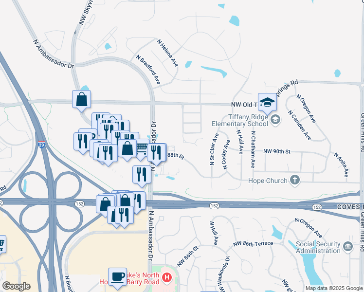 map of restaurants, bars, coffee shops, grocery stores, and more near 8900 North Helena Avenue in Kansas City