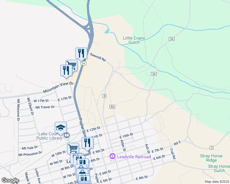map of restaurants, bars, coffee shops, grocery stores, and more near 3000 County Road 8 in Leadville