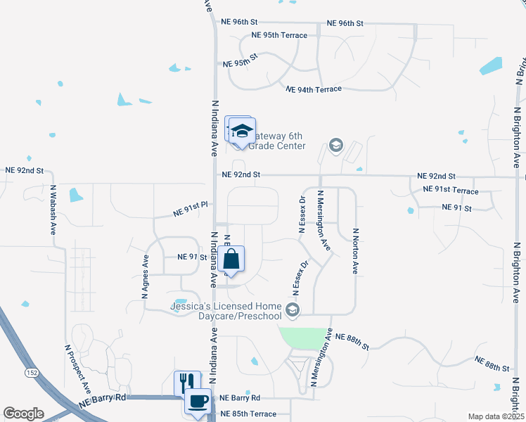 map of restaurants, bars, coffee shops, grocery stores, and more near 3704 Northeast 91st Street in Kansas City