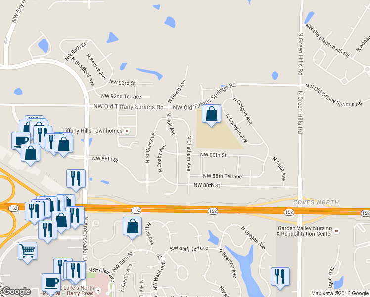 map of restaurants, bars, coffee shops, grocery stores, and more near 8908 North Chatham Avenue in Kansas City