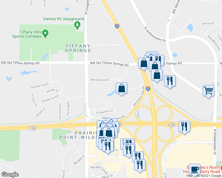 map of restaurants, bars, coffee shops, grocery stores, and more near 7321 Northwest Donovan Drive in Kansas City