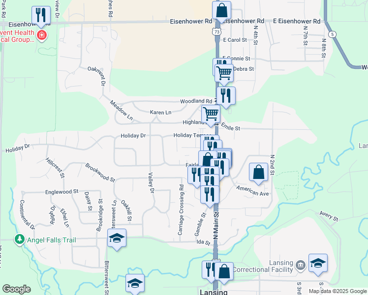 map of restaurants, bars, coffee shops, grocery stores, and more near 595 Glen Court in Lansing