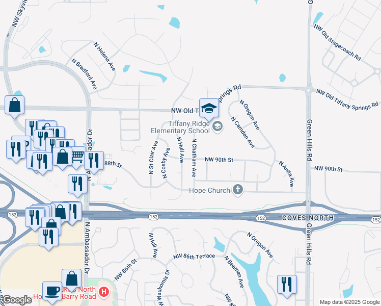 map of restaurants, bars, coffee shops, grocery stores, and more near 8908 North Chatham Avenue in Kansas City