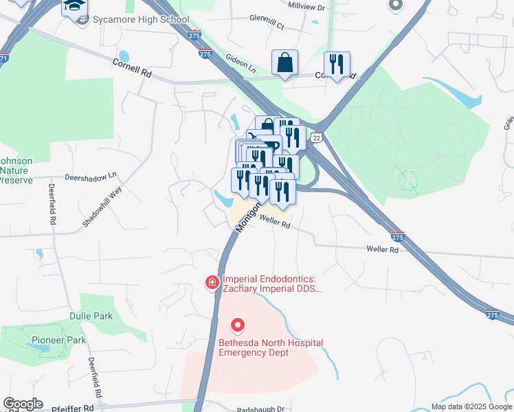 map of restaurants, bars, coffee shops, grocery stores, and more near 10748 Montgomery Road in Cincinnati