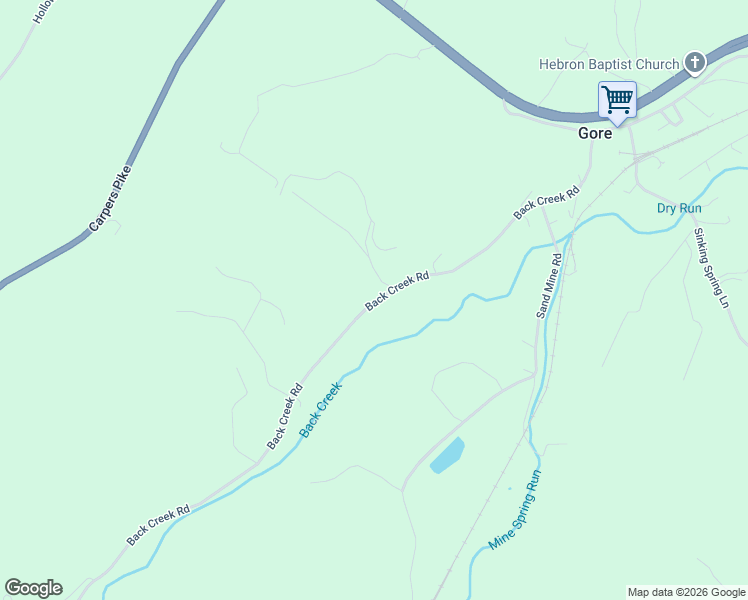 map of restaurants, bars, coffee shops, grocery stores, and more near 456 Back Creek Road in Gore