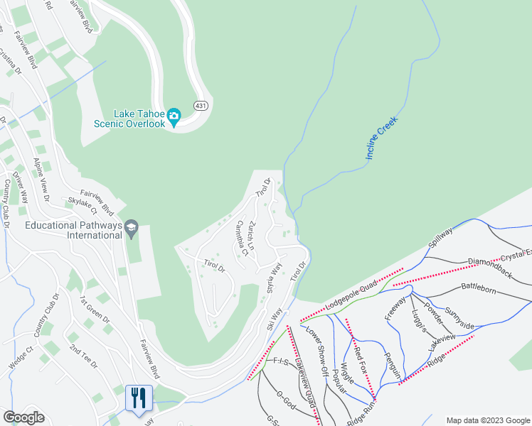 map of restaurants, bars, coffee shops, grocery stores, and more near 1332 Tirol Drive in Incline Village