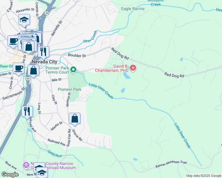 map of restaurants, bars, coffee shops, grocery stores, and more near 10433 Park Avenue Extension in Nevada City