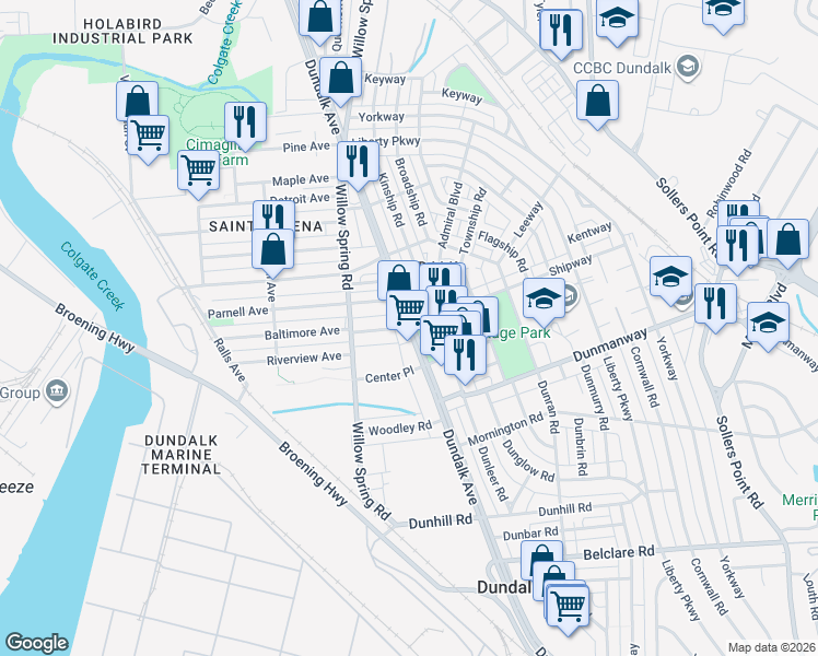 map of restaurants, bars, coffee shops, grocery stores, and more near 0 Baltimore Avenue in Dundalk