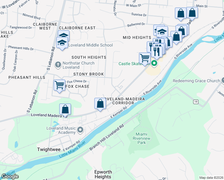 map of restaurants, bars, coffee shops, grocery stores, and more near 1008 Loveland Madeira Road in Loveland
