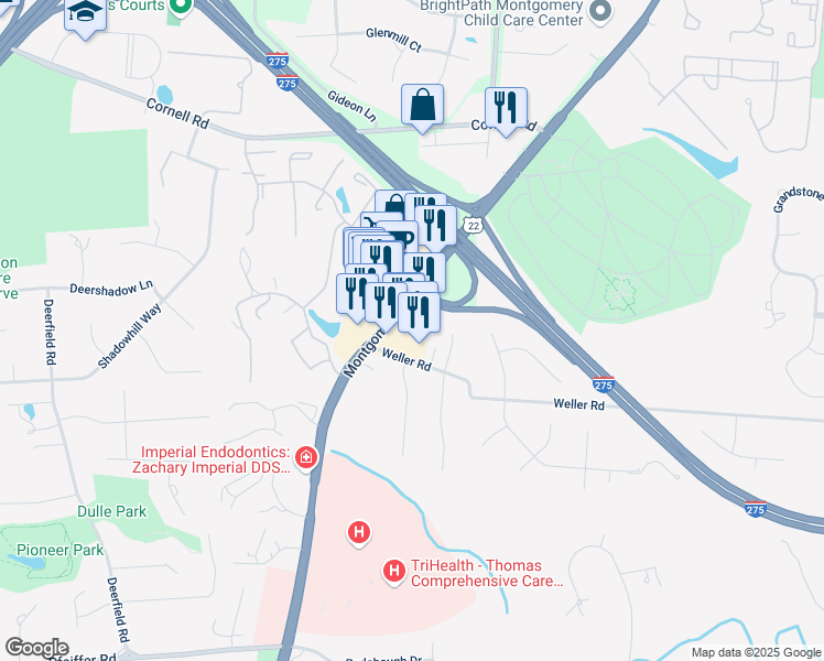map of restaurants, bars, coffee shops, grocery stores, and more near 10748 Montgomery Road in Cincinnati
