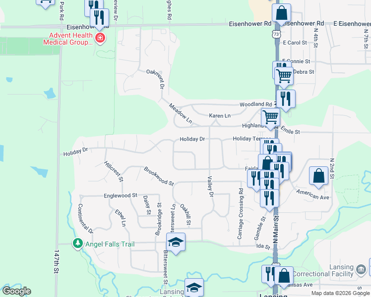 map of restaurants, bars, coffee shops, grocery stores, and more near 407 Caraway Place in Lansing