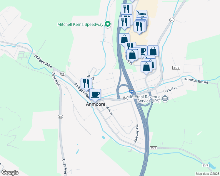 map of restaurants, bars, coffee shops, grocery stores, and more near 112 Linden Avenue in Shinnston