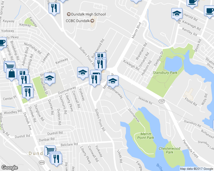 map of restaurants, bars, coffee shops, grocery stores, and more near 7608 Dunmanway in Dundalk