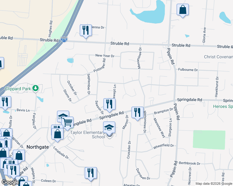 map of restaurants, bars, coffee shops, grocery stores, and more near 10200 Windswept Lane in Cincinnati