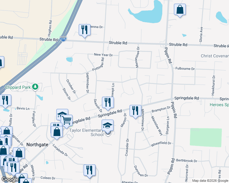 map of restaurants, bars, coffee shops, grocery stores, and more near 10200 Windswept Lane in Cincinnati