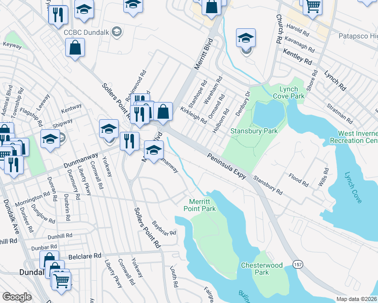 map of restaurants, bars, coffee shops, grocery stores, and more near 7795 Peninsula Expressway in Dundalk