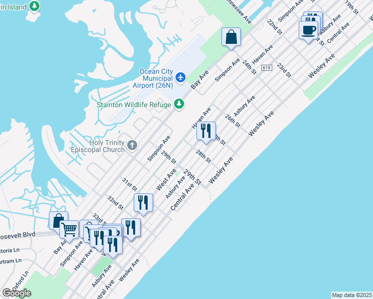 map of restaurants, bars, coffee shops, grocery stores, and more near 2852 West Avenue in Ocean City