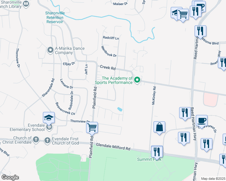 map of restaurants, bars, coffee shops, grocery stores, and more near 10679 Bridlepath Lane in Cincinnati