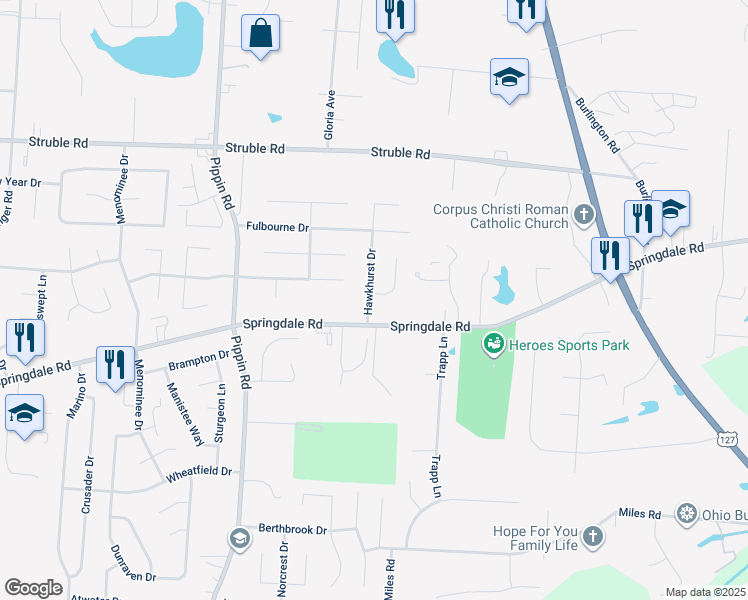 map of restaurants, bars, coffee shops, grocery stores, and more near 10224 Hawkhurst Drive in Cincinnati