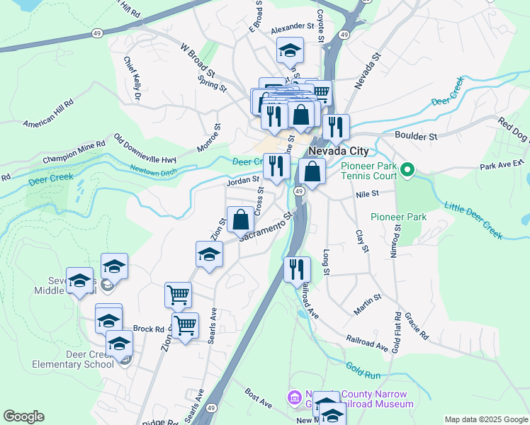 map of restaurants, bars, coffee shops, grocery stores, and more near 412 South Pine Street in Nevada City