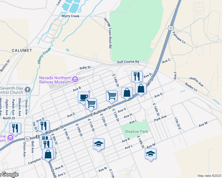 map of restaurants, bars, coffee shops, grocery stores, and more near 1325 Avenue D in Ely