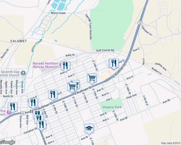 map of restaurants, bars, coffee shops, grocery stores, and more near 1325 Avenue D in Ely