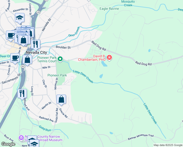 map of restaurants, bars, coffee shops, grocery stores, and more near 10433 Park Avenue Extension in Nevada City