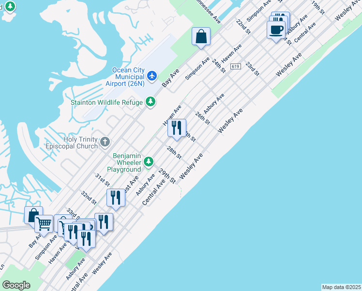 map of restaurants, bars, coffee shops, grocery stores, and more near 2747 Central Avenue in Ocean City