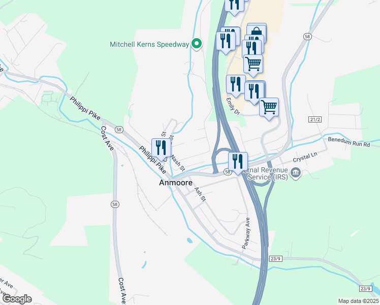map of restaurants, bars, coffee shops, grocery stores, and more near 104-112 Linden Avenue in Shinnston