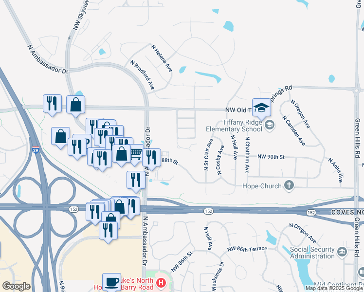 map of restaurants, bars, coffee shops, grocery stores, and more near 8891 North Helena Avenue in Kansas City