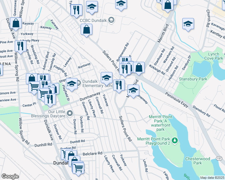 map of restaurants, bars, coffee shops, grocery stores, and more near 7421 Dunmanway in Dundalk