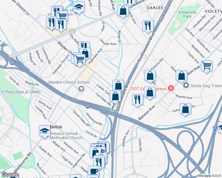 map of restaurants, bars, coffee shops, grocery stores, and more near 1226 Maiden Choice Lane in Baltimore