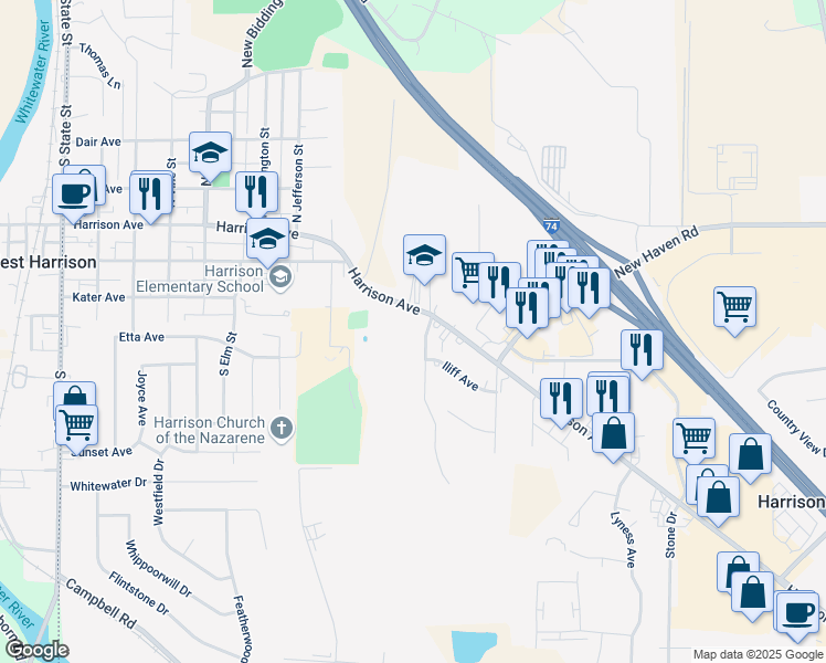 map of restaurants, bars, coffee shops, grocery stores, and more near 105 Turner Ridge Drive in Harrison