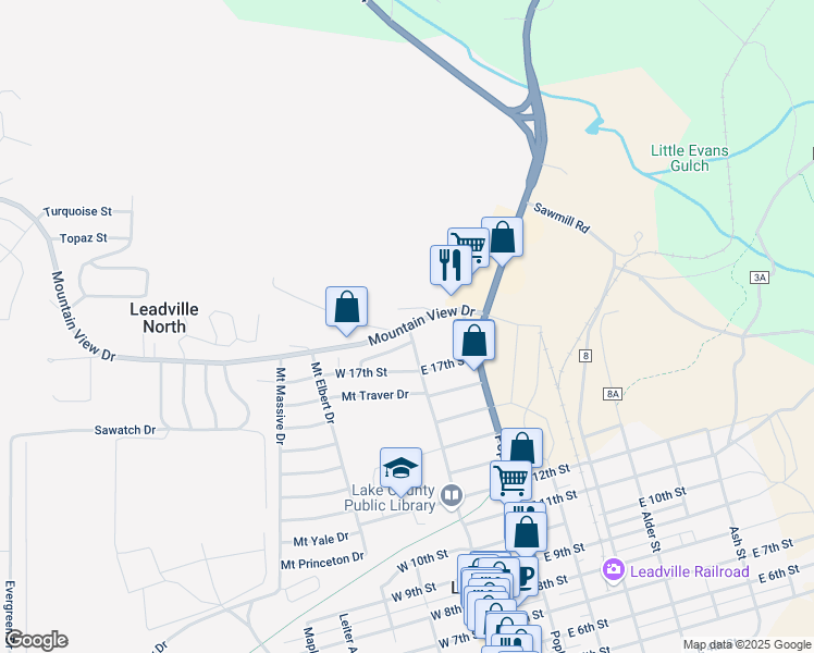 map of restaurants, bars, coffee shops, grocery stores, and more near 102 Mount View Drive in Leadville