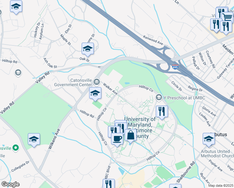 map of restaurants, bars, coffee shops, grocery stores, and more near 901 Hilltop Circle in Baltimore