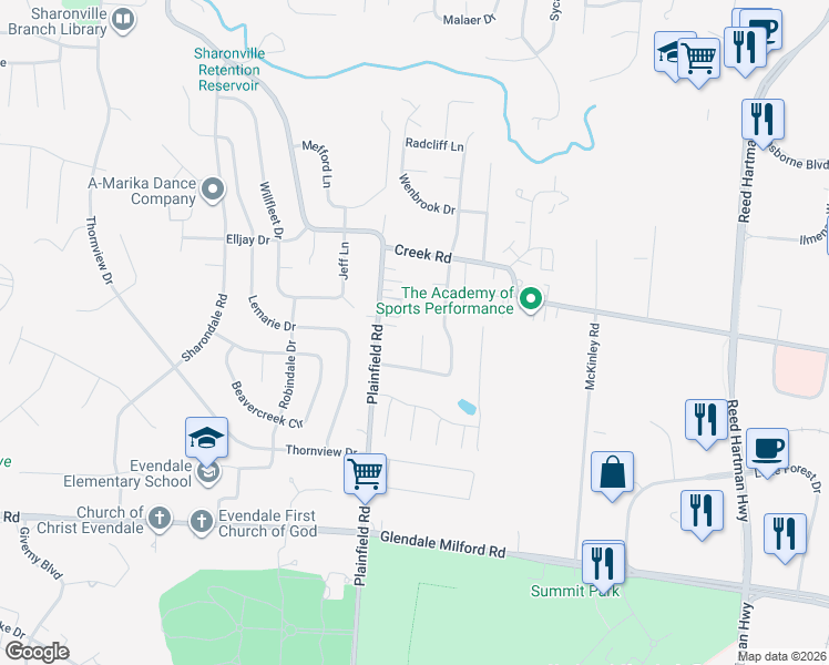 map of restaurants, bars, coffee shops, grocery stores, and more near 10681 Turfwood Court in Cincinnati