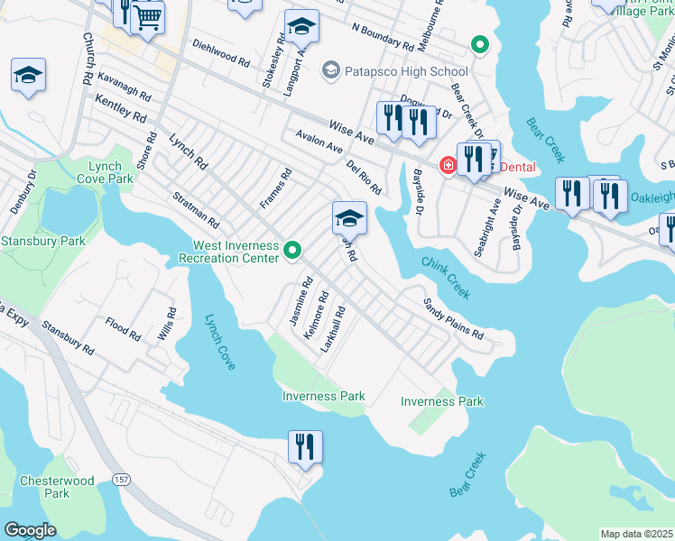 map of restaurants, bars, coffee shops, grocery stores, and more near 1914 Kelmore Road in Dundalk
